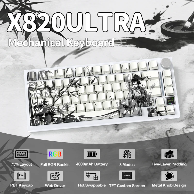 Attack Shark X820 Ultra Dark Warrior 75% Tri-Mode Gasket Mechanical Keyboard – TFT Display, CNC Knob, 4000mAh Battery, Hot-Swap Switches, PBT Keycaps, RGB & PC/Mac Support-DARK WARRIOR - Image 10