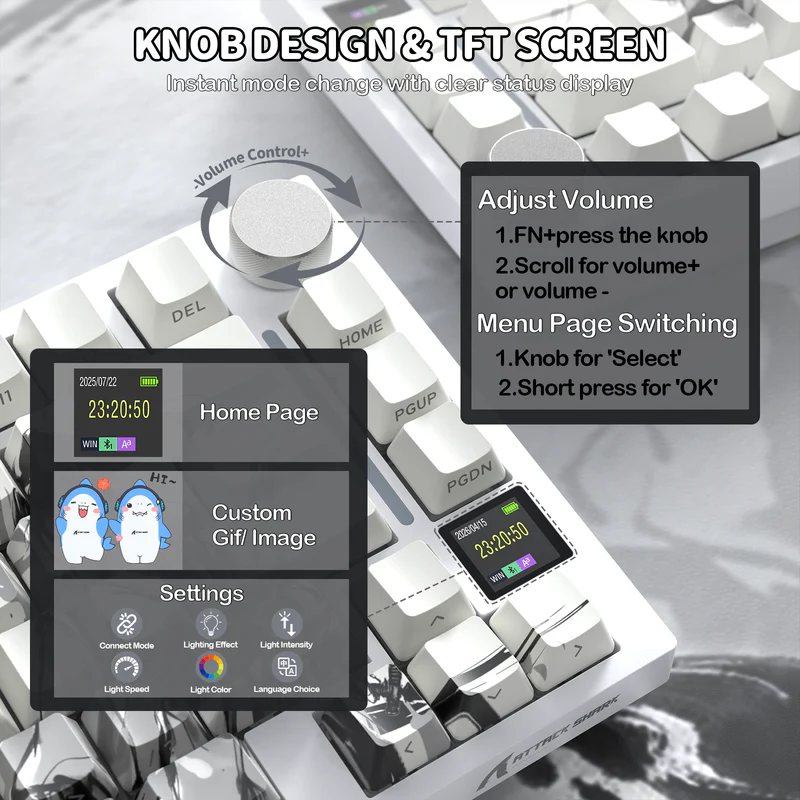 Attack Shark X820 Ultra Dark Warrior 75% Tri-Mode Gasket Mechanical Keyboard – TFT Display, CNC Knob, 4000mAh Battery, Hot-Swap Switches, PBT Keycaps, RGB & PC/Mac Support-DARK WARRIOR - Image 3