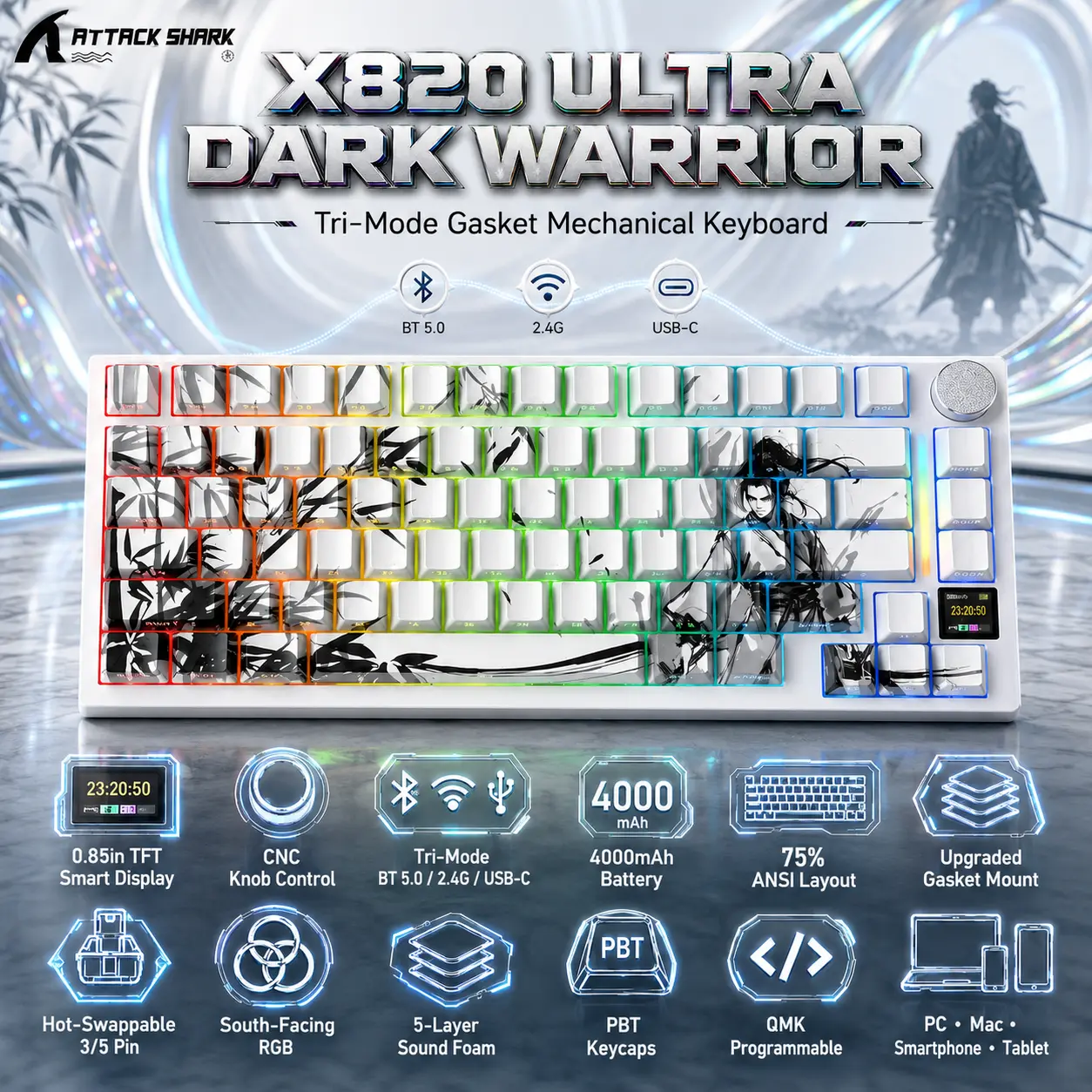 Attack Shark X820 Ultra Dark Warrior 75% Tri-Mode Gasket Mechanical Keyboard – TFT Display, CNC Knob, 4000mAh Battery, Hot-Swap Switches, PBT Keycaps, RGB & PC/Mac Support-DARK WARRIOR