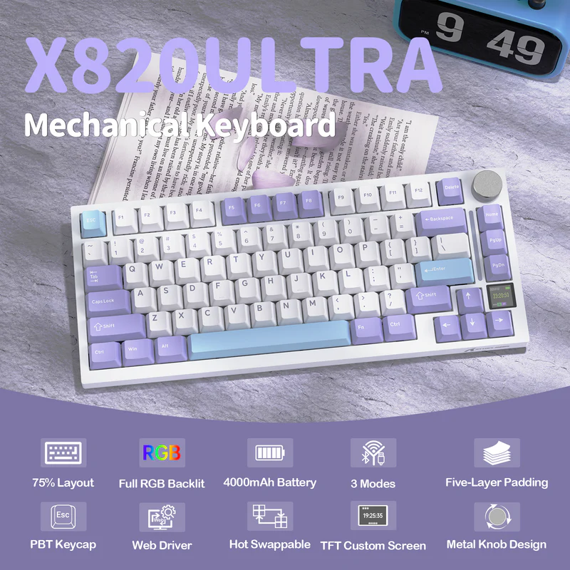 Attack Shark X820 Ultra Lavender Star White 75% Tri-Mode Gasket Mechanical Keyboard With TFT Display, CNC Knob, 4000mAh Battery, Hot-Swap RGB & QMK Support- LAVENDER- shark switch - Image 7