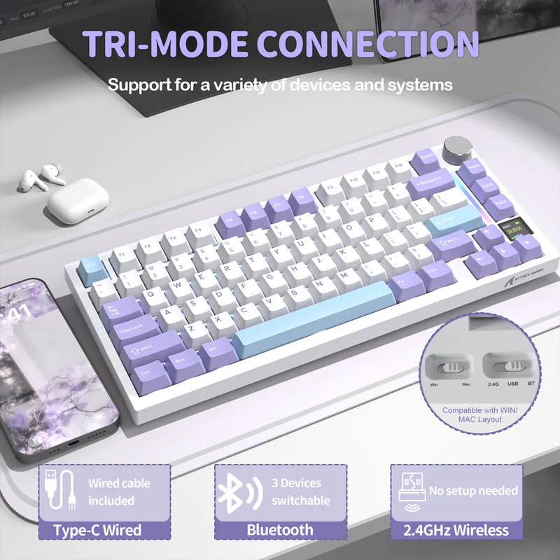 Attack Shark X820 Ultra Lavender Star White 75% Tri-Mode Gasket Mechanical Keyboard With TFT Display, CNC Knob, 4000mAh Battery, Hot-Swap RGB & QMK Support- LAVENDER- shark switch - Image 8