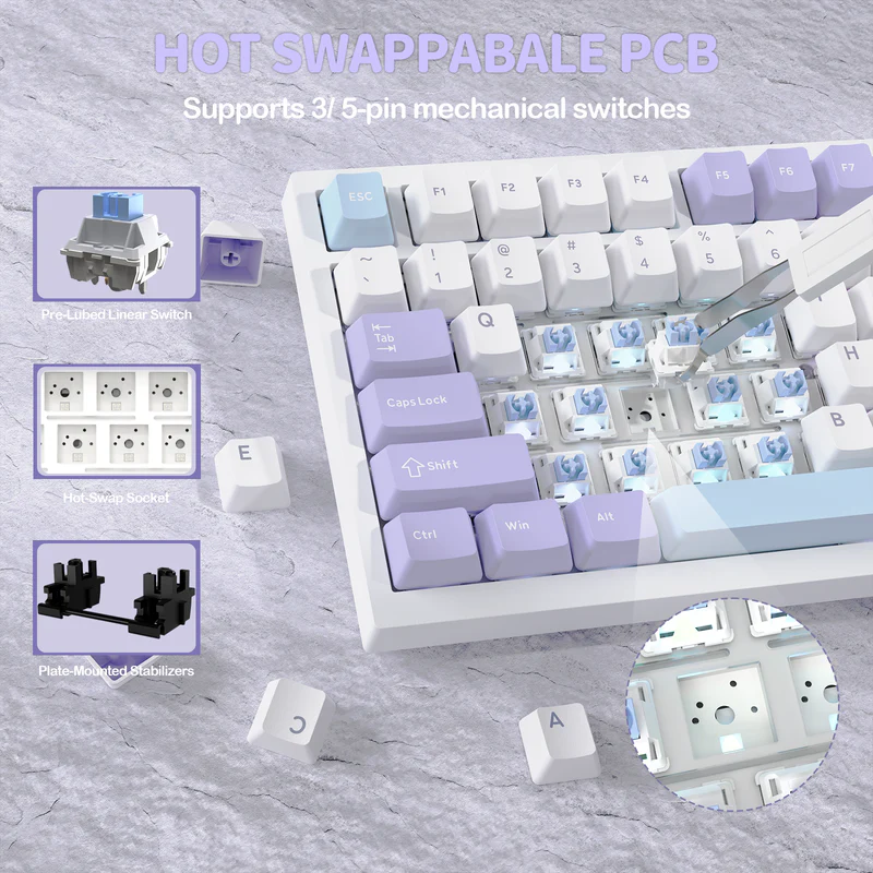 Attack Shark X820 Ultra Lavender Star White 75% Tri-Mode Gasket Mechanical Keyboard With TFT Display, CNC Knob, 4000mAh Battery, Hot-Swap RGB & QMK Support- LAVENDER- shark switch - Image 2