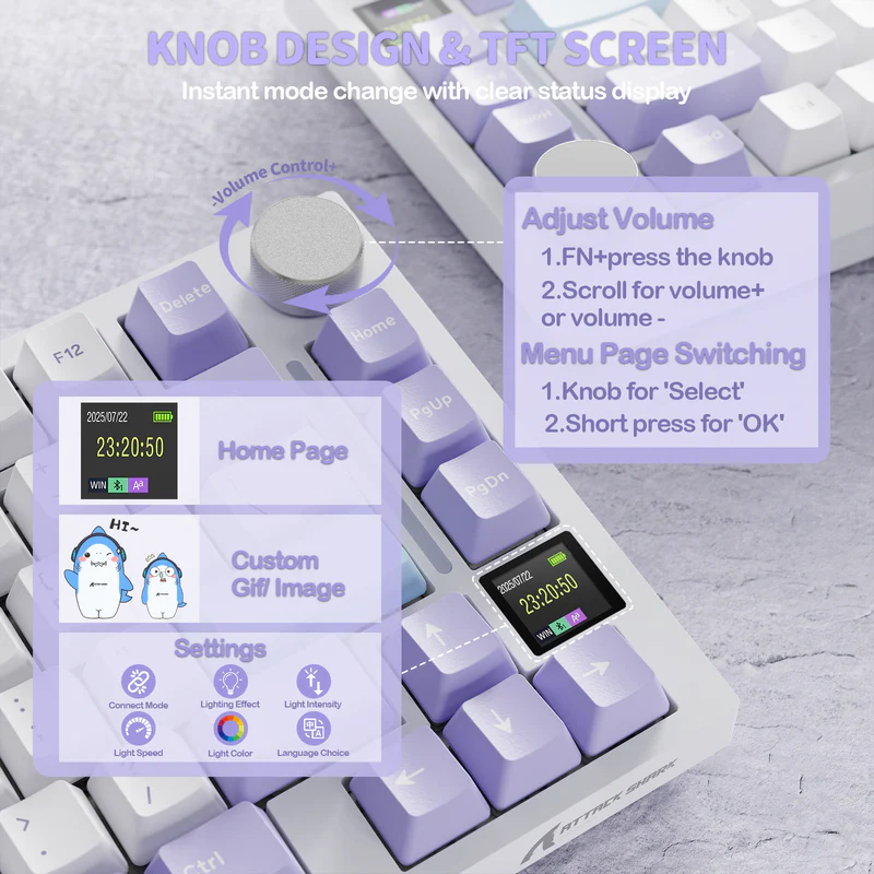 Attack Shark X820 Ultra Lavender Star White 75% Tri-Mode Gasket Mechanical Keyboard With TFT Display, CNC Knob, 4000mAh Battery, Hot-Swap RGB & QMK Support- LAVENDER- shark switch - Image 4
