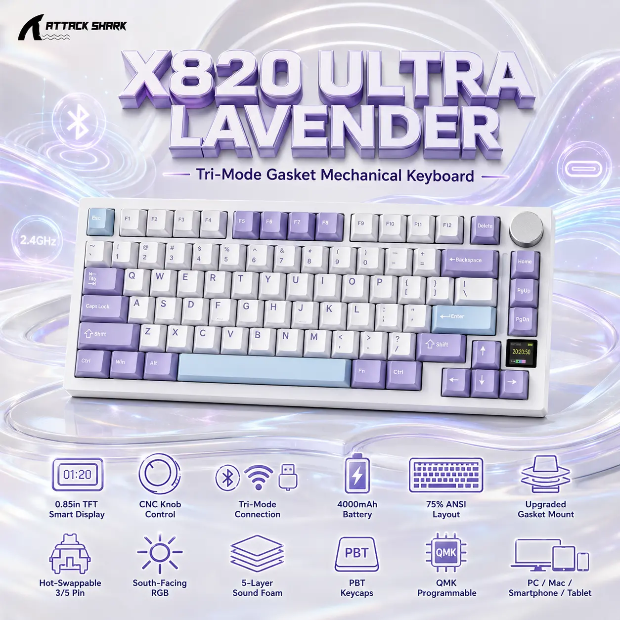 Attack Shark X820 Ultra Lavender Star White 75% Tri-Mode Gasket Mechanical Keyboard With TFT Display, CNC Knob, 4000mAh Battery, Hot-Swap RGB & QMK Support- LAVENDER- shark switch