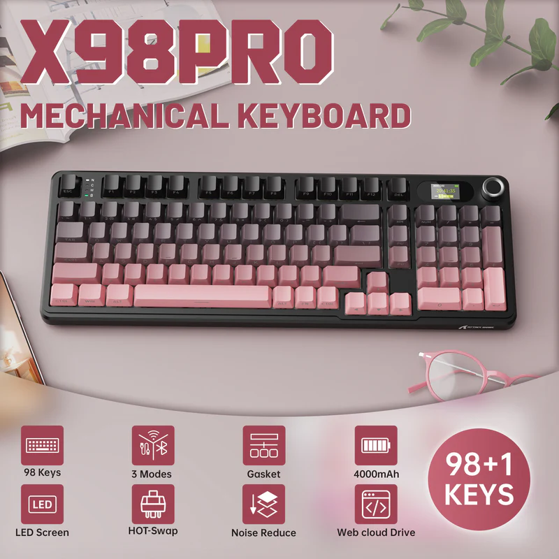 ATTACK SHARK X98PRO Blackberry 99-Key Tri-Mode Mechanical Keyboard With LED Screen, RGB, Knob, Hot-Swap PCB, Blueberry Switches, PBT Keycaps & 4000mAh Battery - Image 2