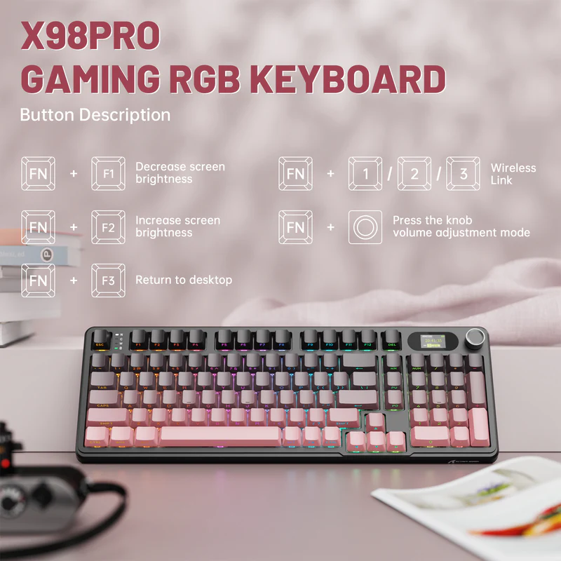 ATTACK SHARK X98PRO Blackberry 99-Key Tri-Mode Mechanical Keyboard With LED Screen, RGB, Knob, Hot-Swap PCB, Blueberry Switches, PBT Keycaps & 4000mAh Battery - Image 4