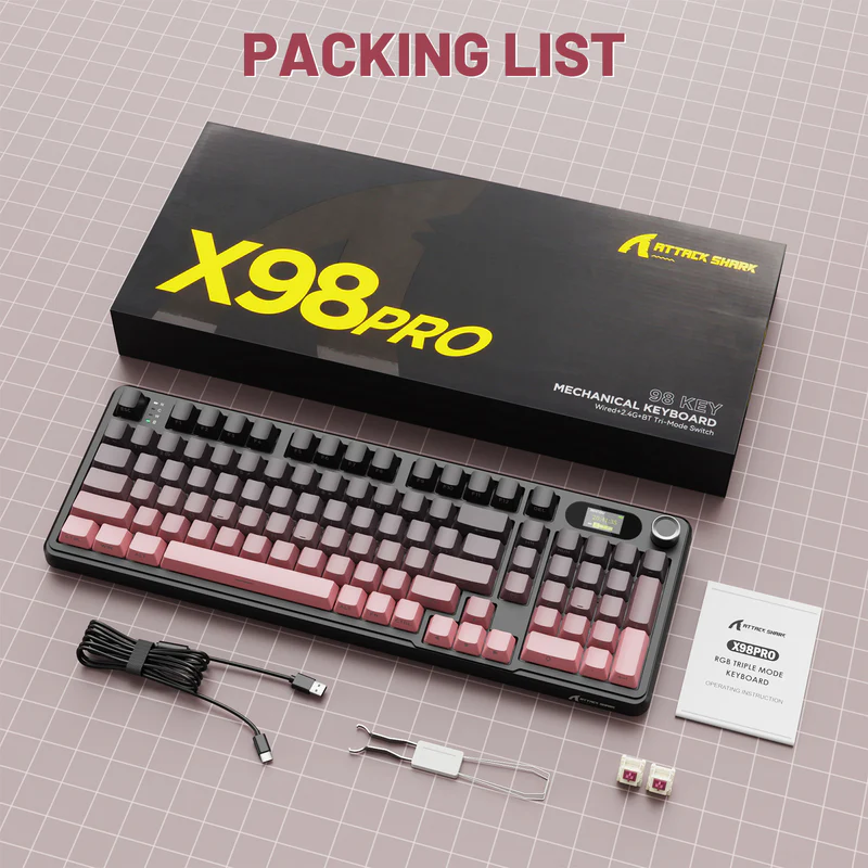 ATTACK SHARK X98PRO Blackberry 99-Key Tri-Mode Mechanical Keyboard With LED Screen, RGB, Knob, Hot-Swap PCB, Blueberry Switches, PBT Keycaps & 4000mAh Battery - Image 7