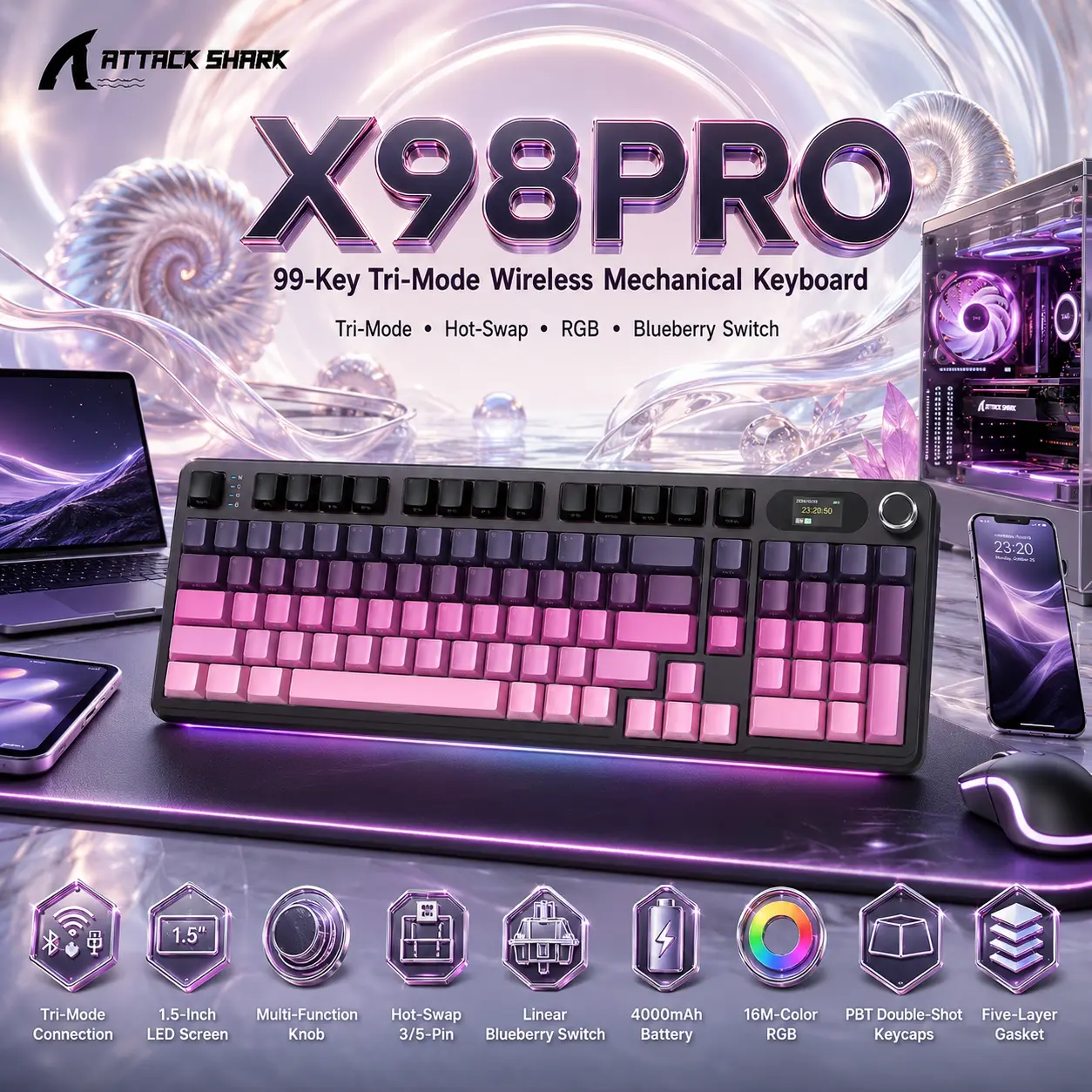 ATTACK SHARK X98PRO Blackberry 99-Key Tri-Mode Mechanical Keyboard With LED Screen, RGB, Knob, Hot-Swap PCB, Blueberry Switches, PBT Keycaps & 4000mAh Battery