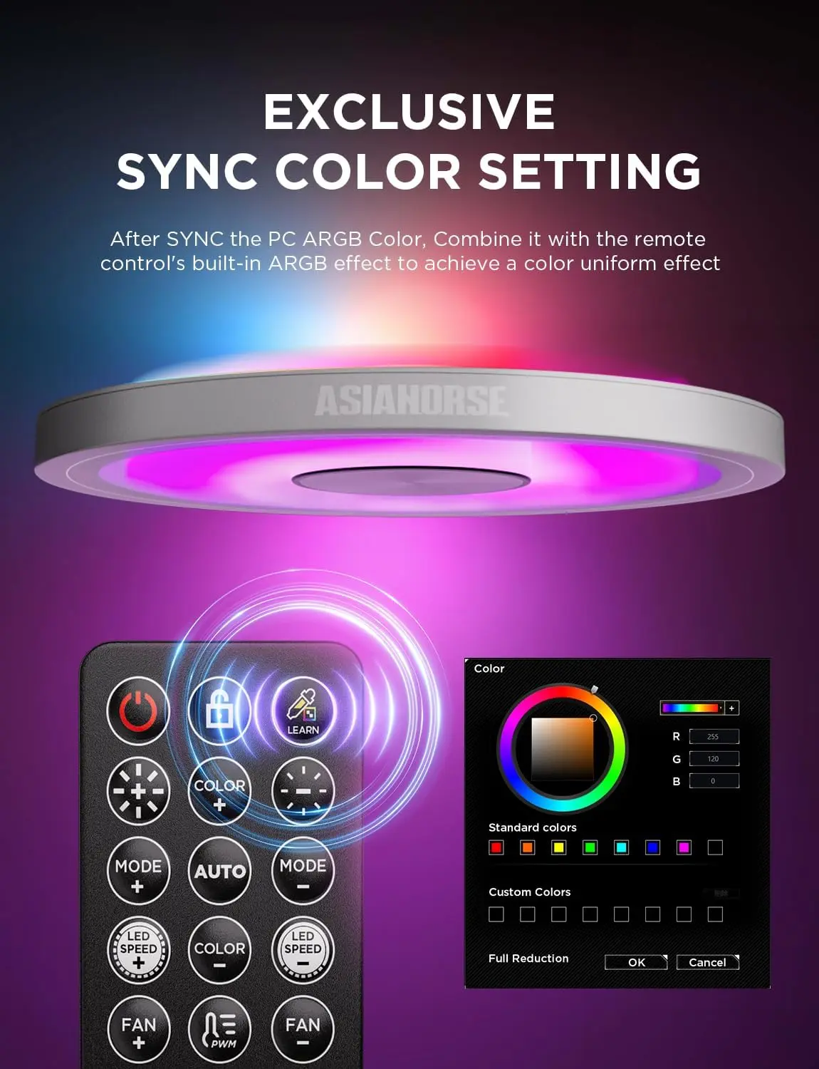 AsiaHorse ASH-S1 ARGB Fan Hub – 9-Port PWM + ARGB Controller, 20 Preset Effects, Color-Learning Mode, Remote Control, Aura Sync Compatible - Image 5