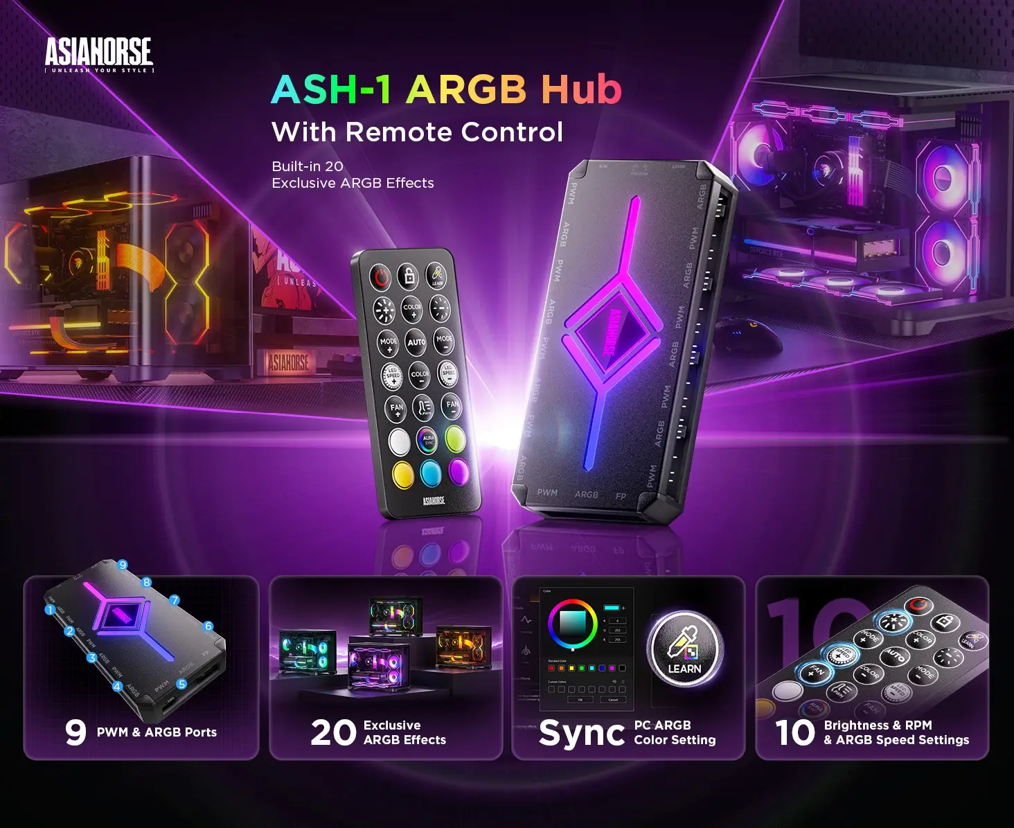 AsiaHorse ASH-S1 ARGB Fan Hub – 9-Port PWM + ARGB Controller, 20 Preset Effects, Color-Learning Mode, Remote Control, Aura Sync Compatible - Image 7